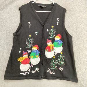 Vintage Compliments Sweater Vest Womens Size XL Black Snowman Christmas Applique